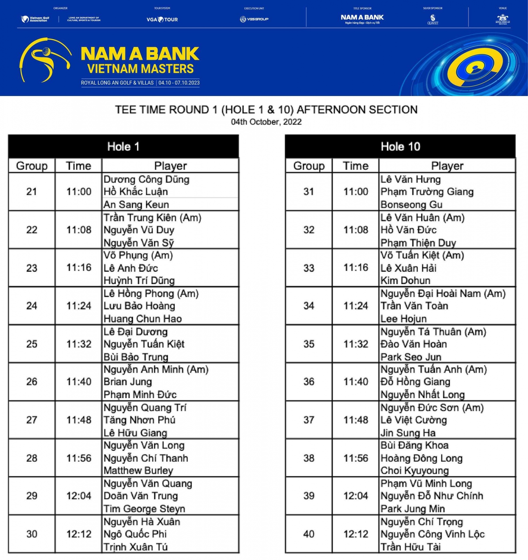 Nam A Bank Vietnam Masters 2023: Cập nhật nhóm đấu và Tee time Vòng 1