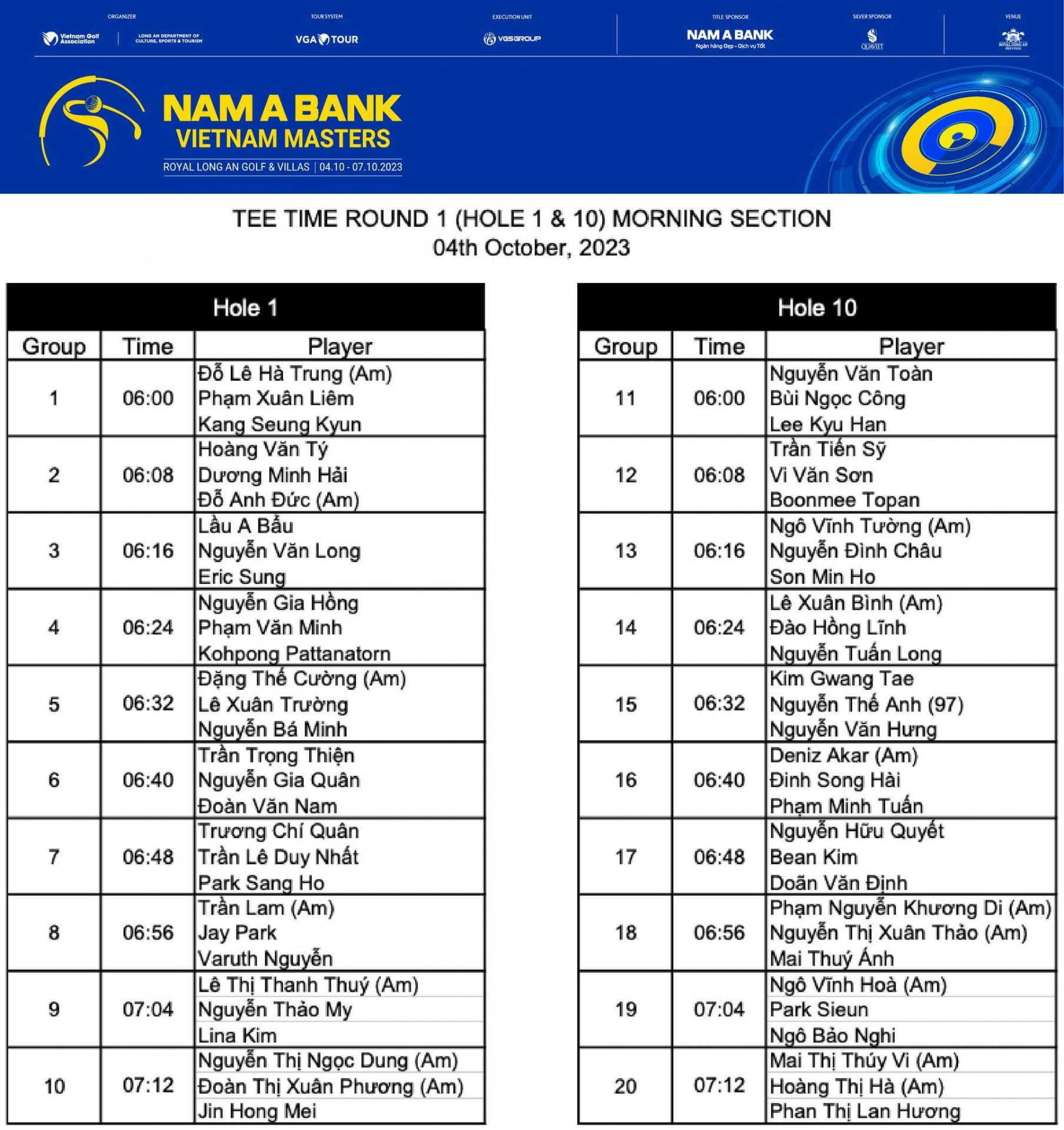 Nam A Bank Vietnam Masters 2023: Cập nhật nhóm đấu và Tee time Vòng 1